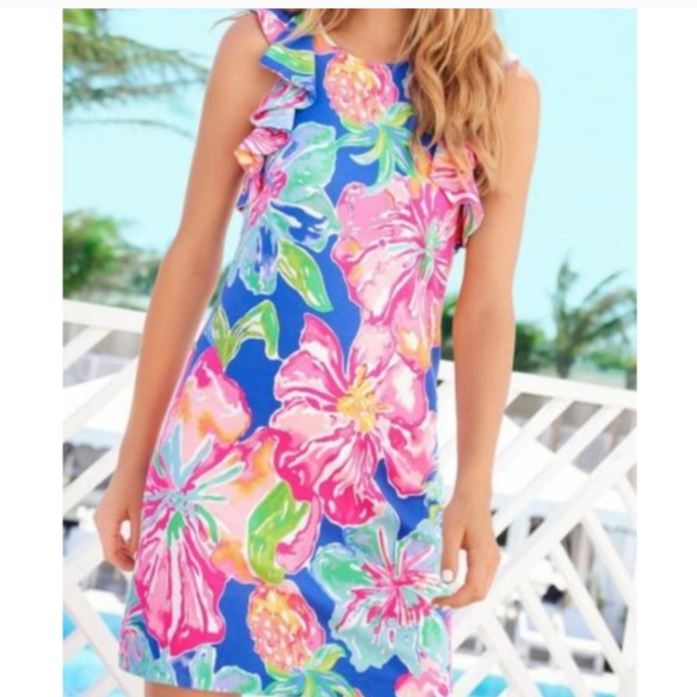 Lilly Pulitzer Esmeralda Utopia Jungle Flower Shift Dress Pink Blue Women Medium